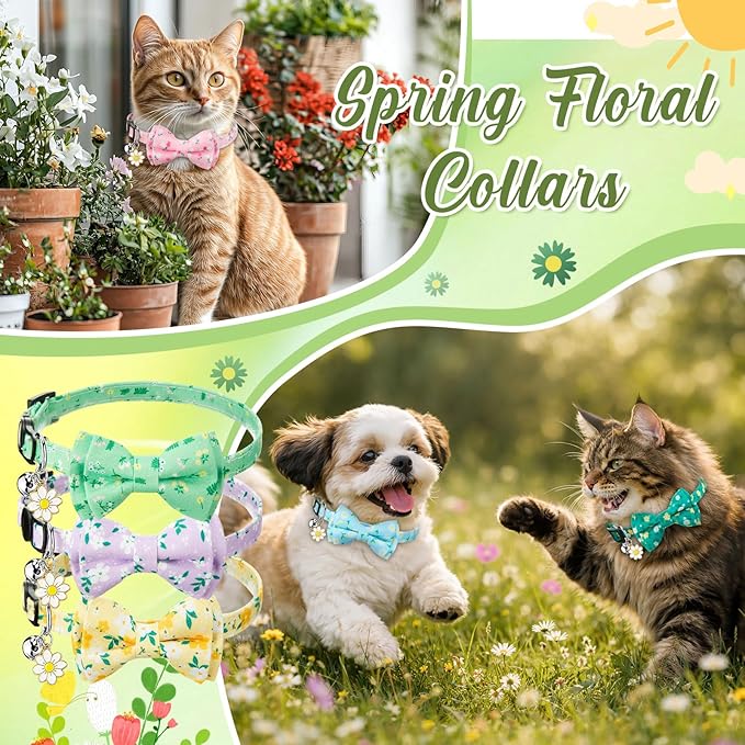 Hsei 6 Pcs Spring Cat Collars Bulk with Bow Tie Bell Breakaway Flowers Floral Daisy Kitten Adjustable Safety Bowtie Cute Collars for Small Dogs Pet Holiday Party Favors Gifts