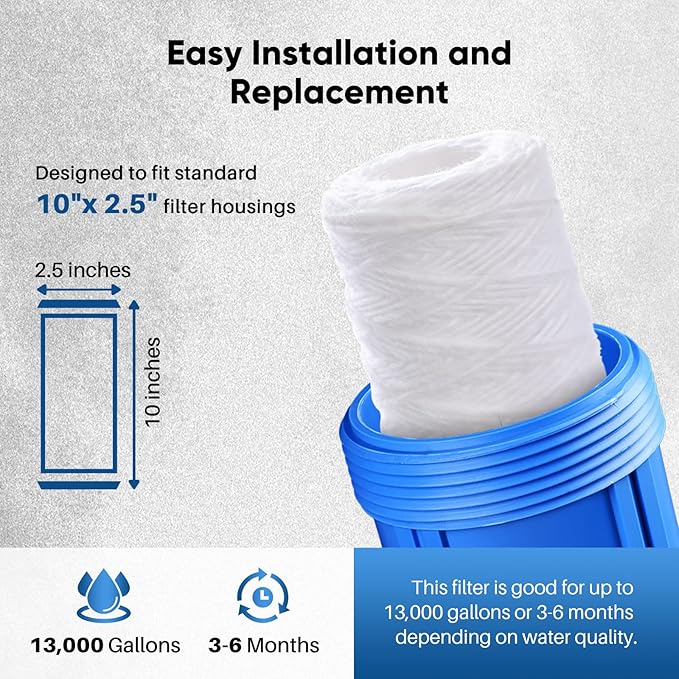PUREPLUS 20 Micron 10"x2.5" Whole House String Wound Sediment Filter