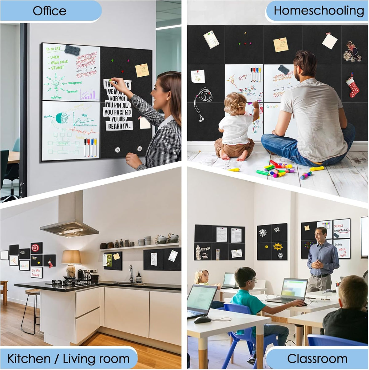 BXI Felt Bulletin Board with Pins & Magnetic Dry Erase Whiteboard Combo, 16 Pcs 12 X 12 X 3/8 Inch Self-Adhesive Vision Display Tiles, Note Memo Panels for Home School Education Office Wall Decor
