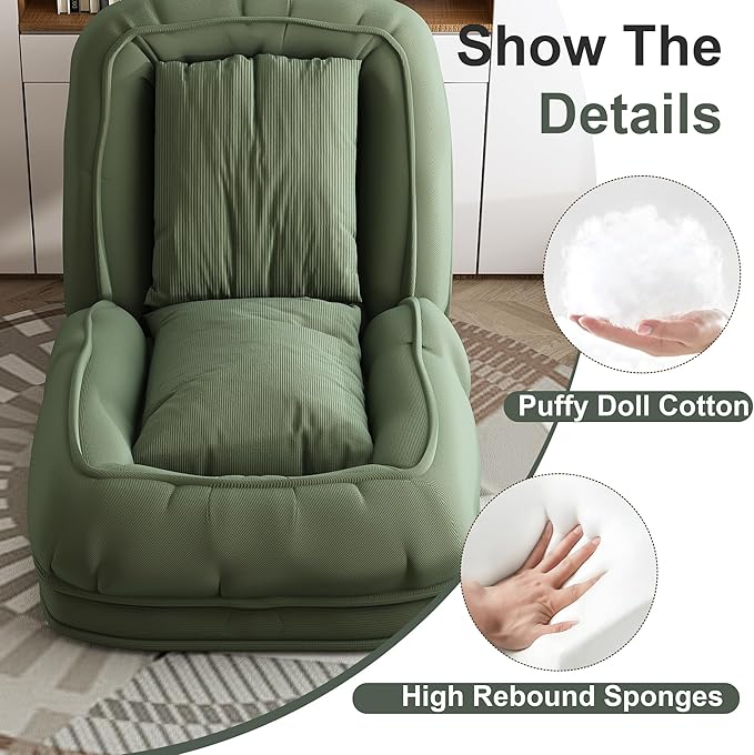 Adjustable 5-Position Human Dog Bed for People, Big Comfy Plush Floor Gaming Lazy Sofa Chair with Pillows & Back Support, Foldable Lounge Loveseat Couch for Living Room Bedroom (Green①)