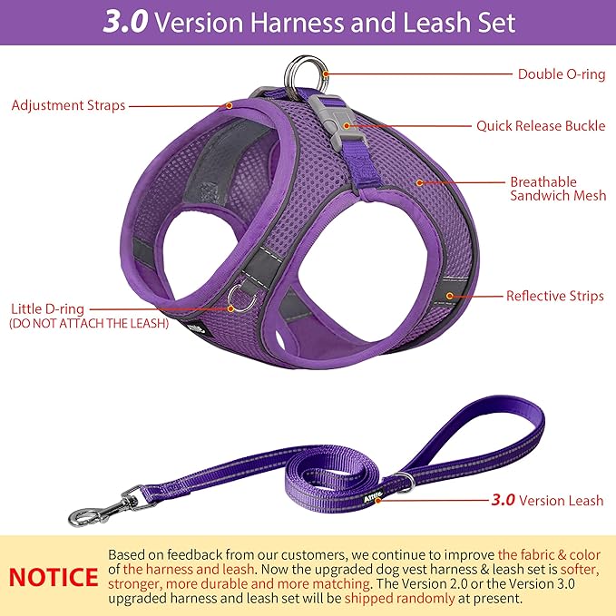 AIITLE Dog Harness, No-Pull Cat Harness with a Leash, Adjustable Reflective Dog Vest, Cat Harness Escape Proof, Outdoor Walking, Running,Training for Extra Small Dogs and House Cats Pure Purple XXXS