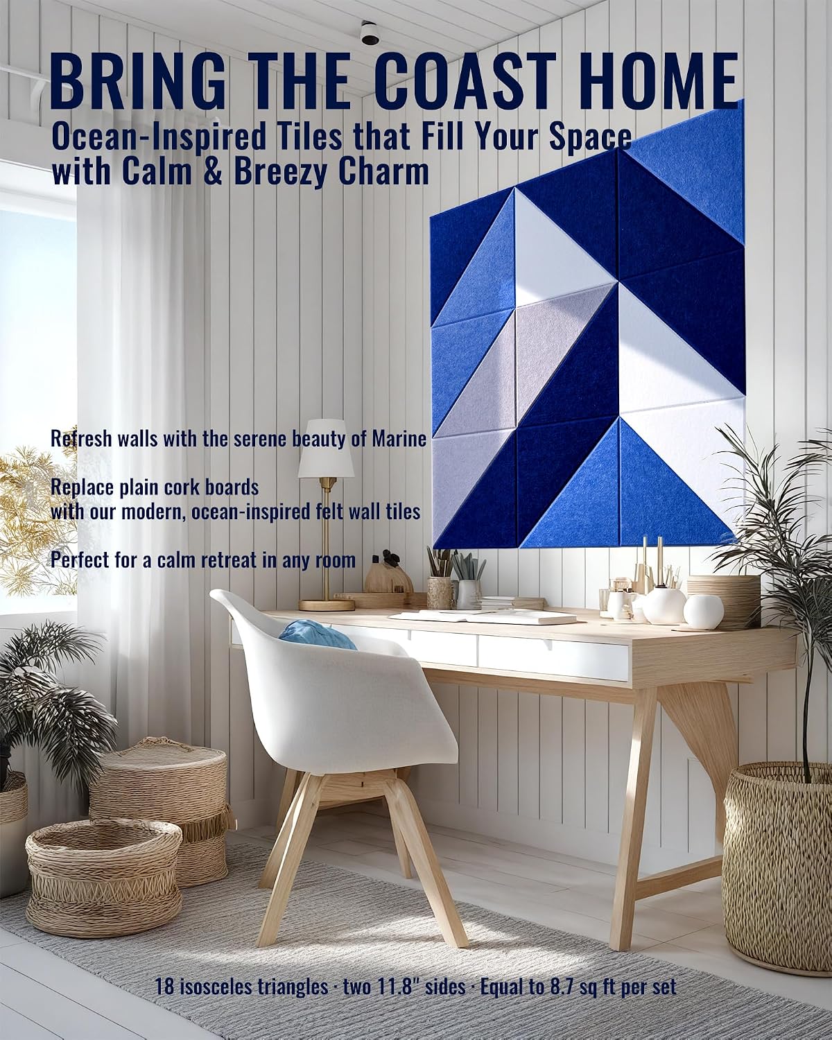 Triangular Felt Wall Tiles for Bulletin Boards, Marine, 18 Pack