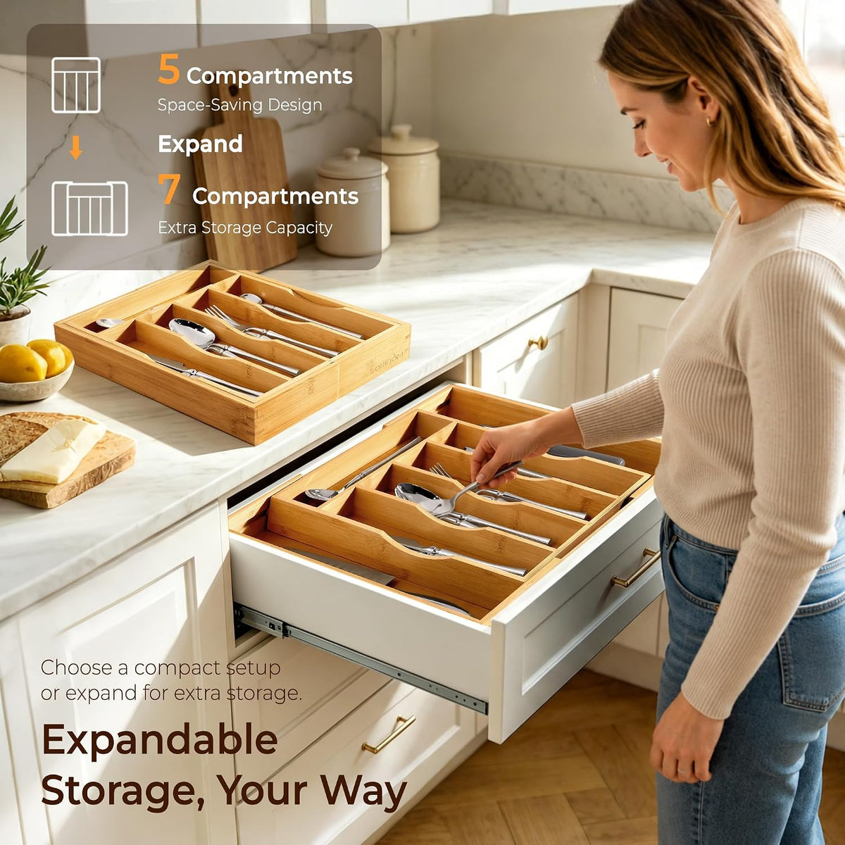 2-Piece Bamboo Silverware Organizer, Expandable Kitchen Drawer Organizer for Cutlery and Utensils, Multifunction Adjustable Bamboo Wood Cutlery Tray in Drawer for Flatware, (Natural)