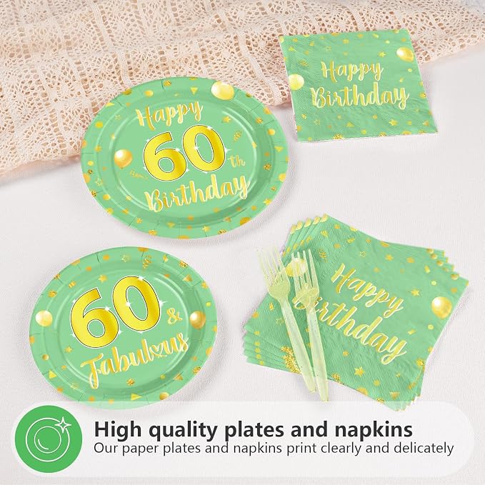 96 Pcs Sage Green Gold 60th Birthday Decorations Serves24 | 60th Birthday