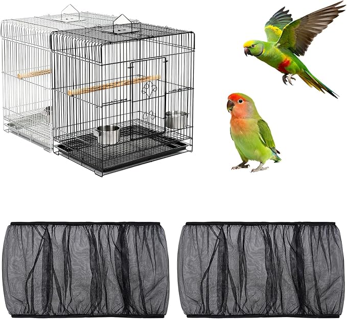Fengek 2 Pcs Adjustable Bird Cage Cover & Seed Catcher Net - Stretchy Bird Cage Accessories for Night Cover & Seed Guard (Black)