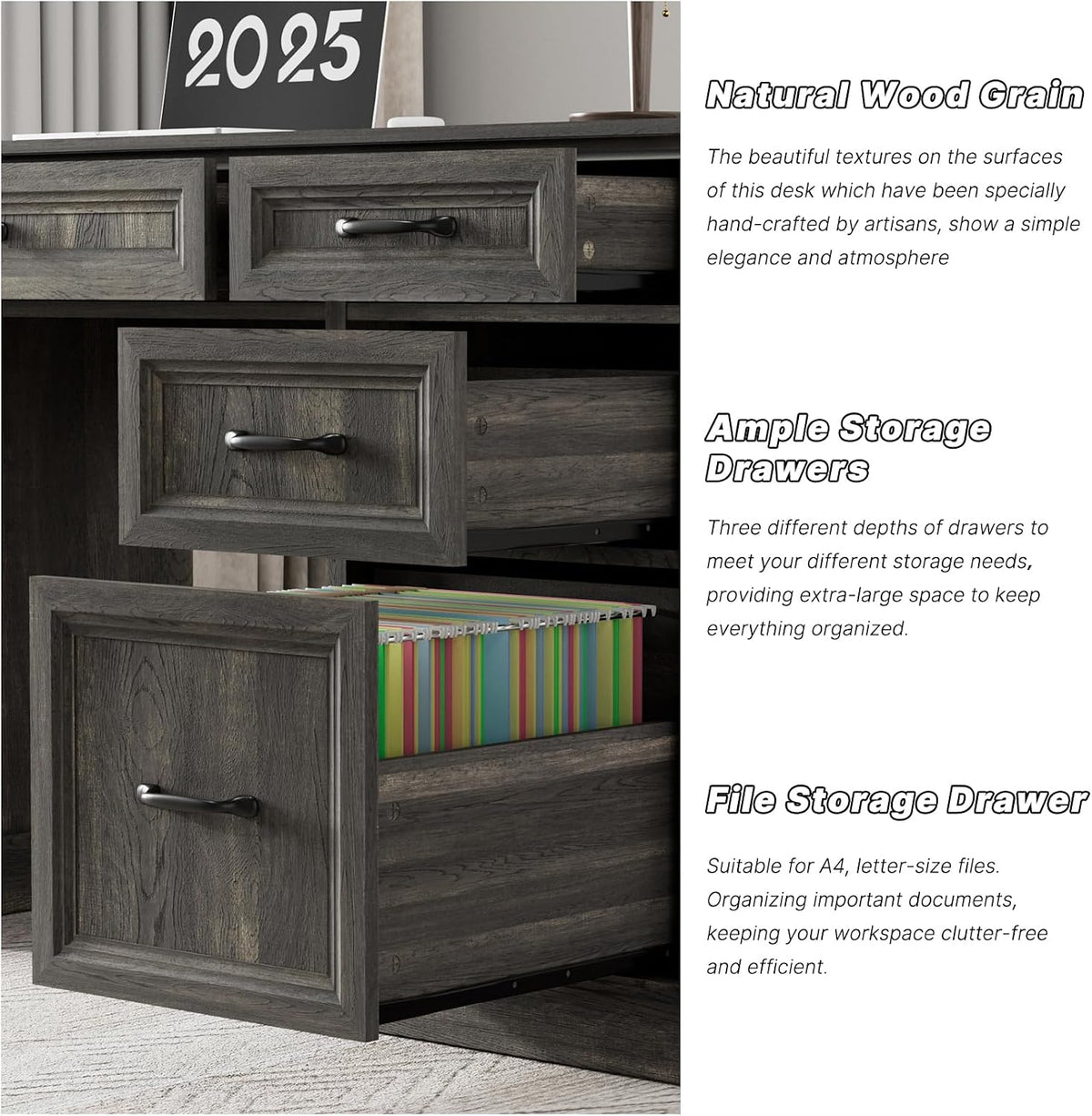 Tradare 58" Farmhouse Executive Desk, Wood Home Office Desk with Drawers & File Cabinet, Embossed Texture Storage Organizer Computer Desk for Working, Studying, Writing, Gray