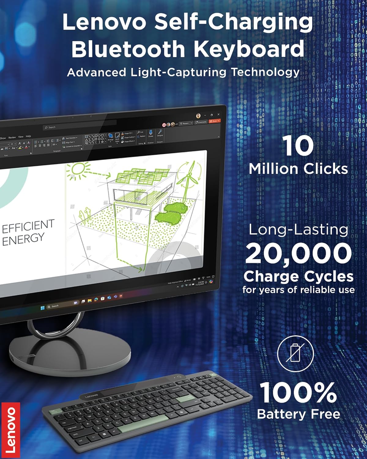 Lenovo 800 Self-Charging Bluetooth Keyboard, Uses Ambient Light, Bluetooth 5.1, Supports 3 Devices, Battery Free, Wireless, Grey