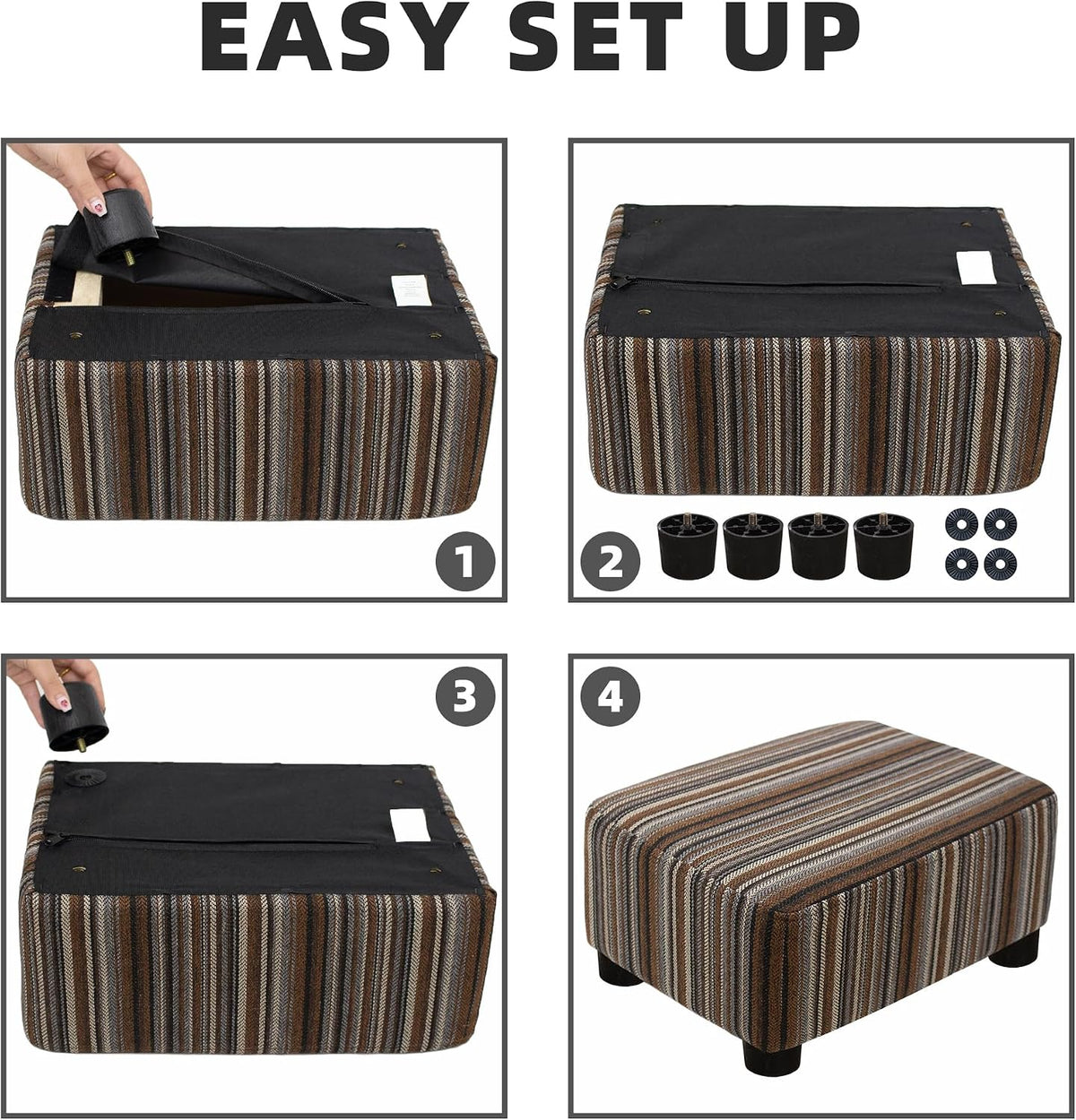 CAROLMADE Small Foot Stool Ottoman Footstool with Legs Under Desk Footrest for Living Room Bedroom and Office,Linen-Stripe Brown
