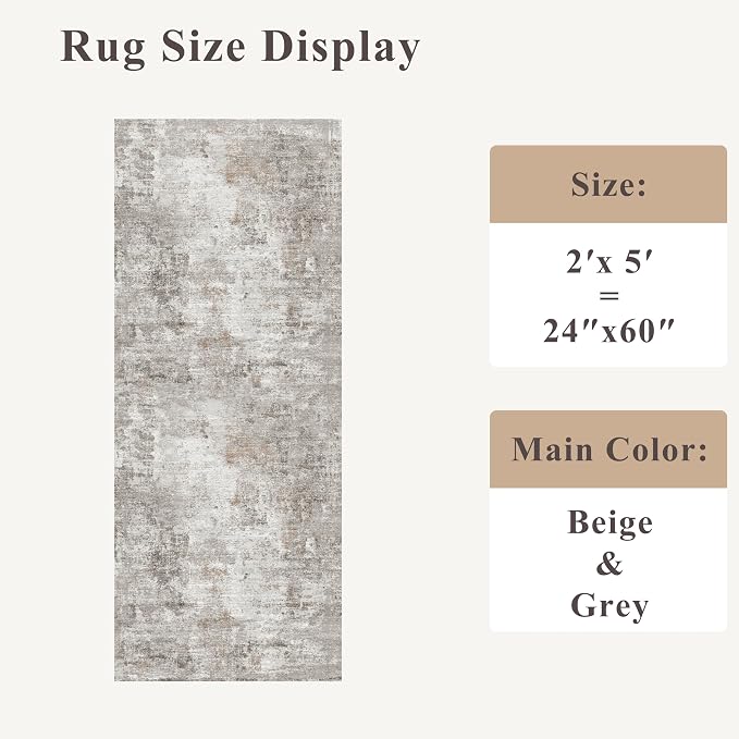 2x5 Rug Runner Non-Slip Washable – Modern Neutral Abstract Small Rug