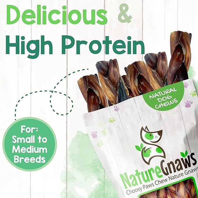Nature Gnaws Braided Pork Bully Sticks for Dogs 5-6" (20 Count) - Long Lasting for Small and Medium Dogs - Natural Bacon Dog Chew Treats - Rawhide Free
