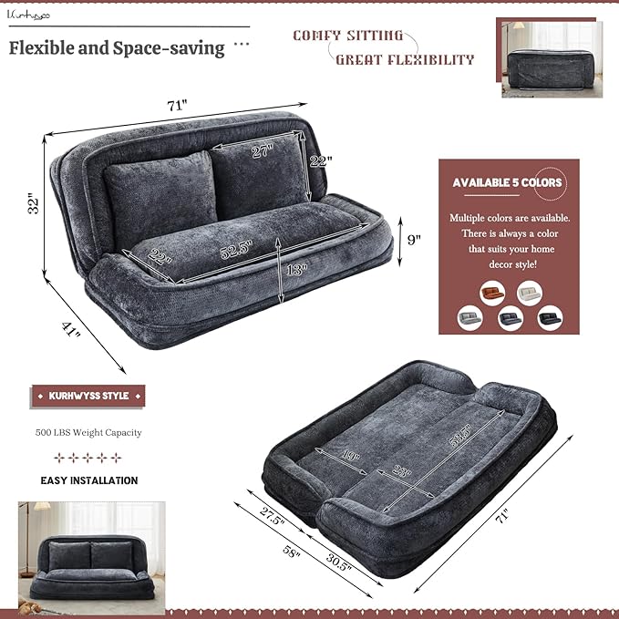 Extra Large Human Dog Bed for Adult & Pets, Convertible Floor Sofa Bed with 5 Adjustable Position, Lazy Couch Giant Bean Bag Lounge Chair Comfy Tatami with 3 Pillow for Bedroom Living Room (Dark Grey)