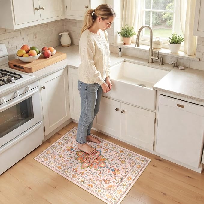 RELEANY Area Rugs Small 2'x3' Washable Non-Slip, Floral Vintage Distress