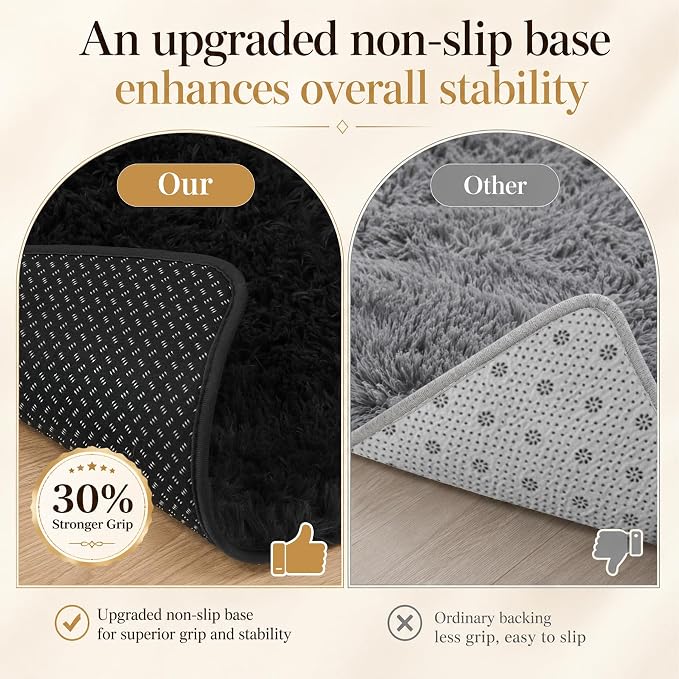 Area Rug for Living Room Bedroom: 5x7 Black Soft Fluffy Shag Upgrade Non-Slip