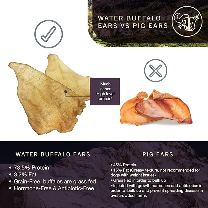 Wild Eats Water Buffalo All Natural Ear Dog Chews, Single Ingredient Dog Treats - 20 Count (Grain Free Treats - Great Alternative to Pig Ears, Cow Ears, Bones & Rawhides)