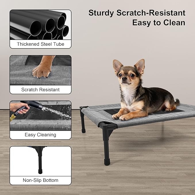 Raised Dog Bed Cooling Cot for Indoor Outdoor Use Portable Waterproof Mesh Pet Bed Washable for Large Medium Small Dogs, Grey