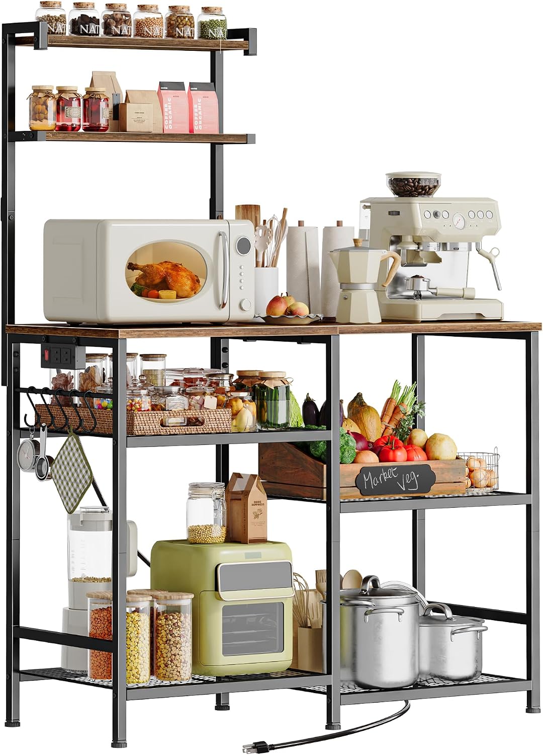 Huuger 39.4 Inch Bakers Rack with Power Outlets, Kitchen Microwave Stand with Storage, Coffee Bar with 4 Hooks, 3-Level Height Open Shelves, Rustic Brown