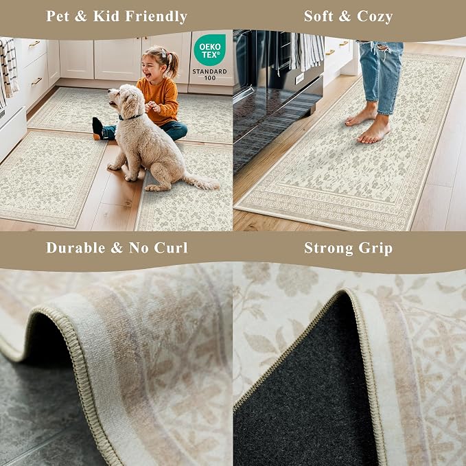 Kitchen Rug Sets 3 Piece, Washable Non-Slip Farmhouse Kitchen Mats