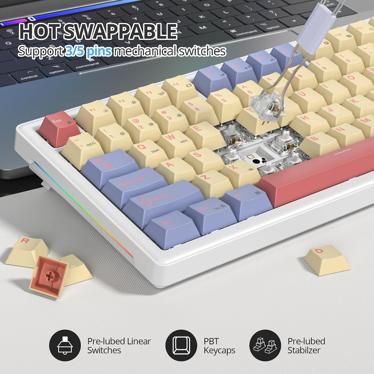 75% Mechanical Keyboard Gasket with Knob, Custom Wired Creamy Gaming Keyboard TKL 75 Percent Hot Swappable RGB Backlit, Pre-lubed Switch for Win/MAC PC Laptop（Cotton Candy/White Switch）