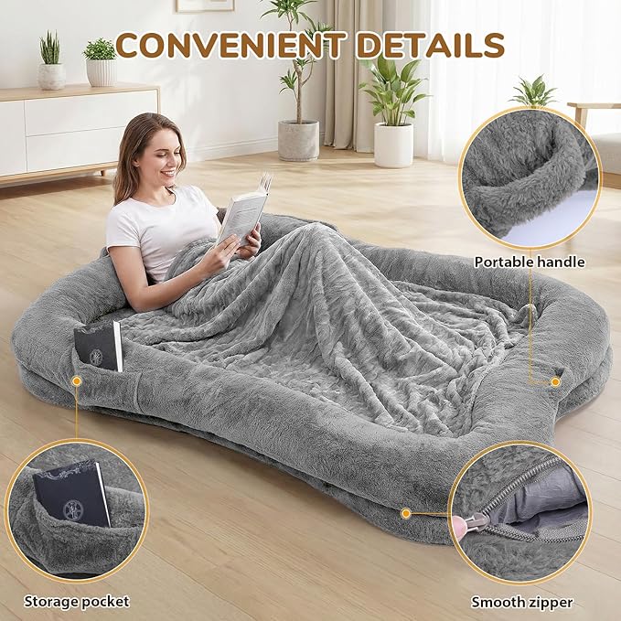 Human Dog Bed, 71 x 47 x 12 in Washable Extra Large Dog Bed for People, Giant DogBed with Storage Pockets, Silver