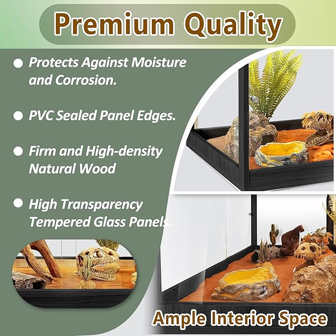 PROLEE Bearded Dragon Tank,37 Gallon Tempered Glass Reptile Tank with Mesh Roof and Front Sliding Door, Anti-Scratch Lizard Tank,Spacious Reptile Enclosure for Snakes,Lguanas, Chameleons(Black)