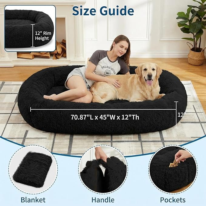 GarveeHome Human Sized Dog Bed, 71" x 45" x 12" Large Dog Bed with 2 Storage Pockets, Fluffy Faux Fur Orthopedic Pet Bean Bed for Adults & Giant Pets - Grey