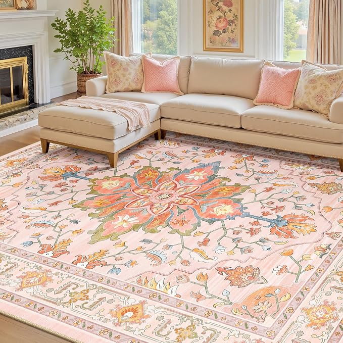 RELEANY Area Rugs 7'x10' Washable Non-Slip, Floral Vintage Distress Medallion