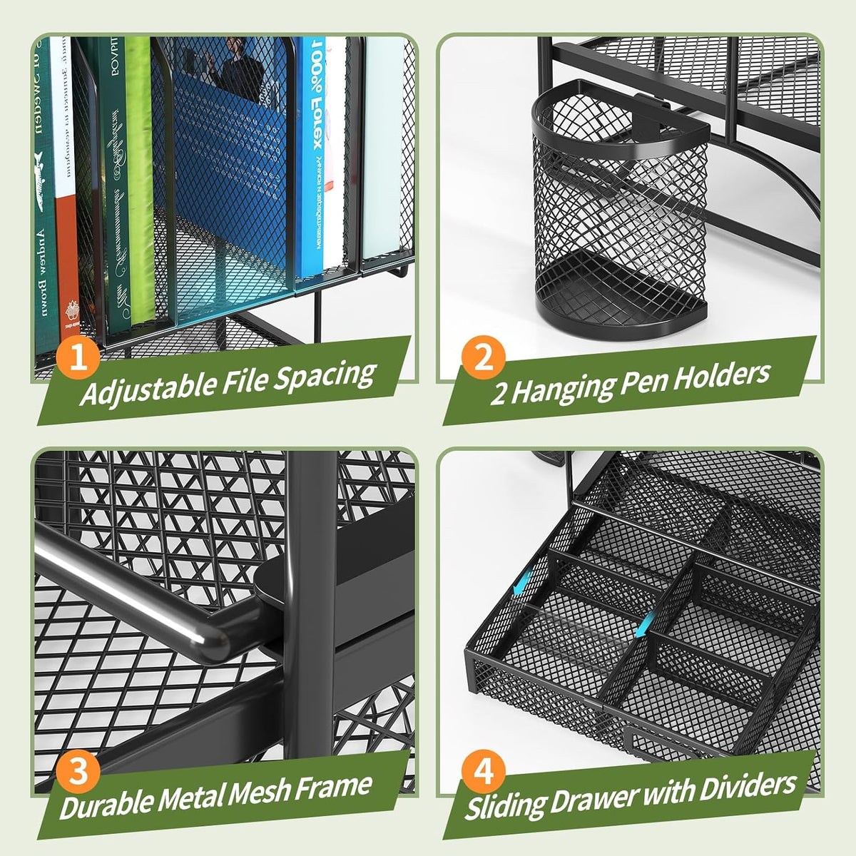 FANXIYQ Metal Desk Organizer with Sliding Drawer, 7-Section File Organizer for Desk, Desktop File Folder & Paper Organizer with 2 Hanging Pen Holders, Office Supplies Organizer, Black