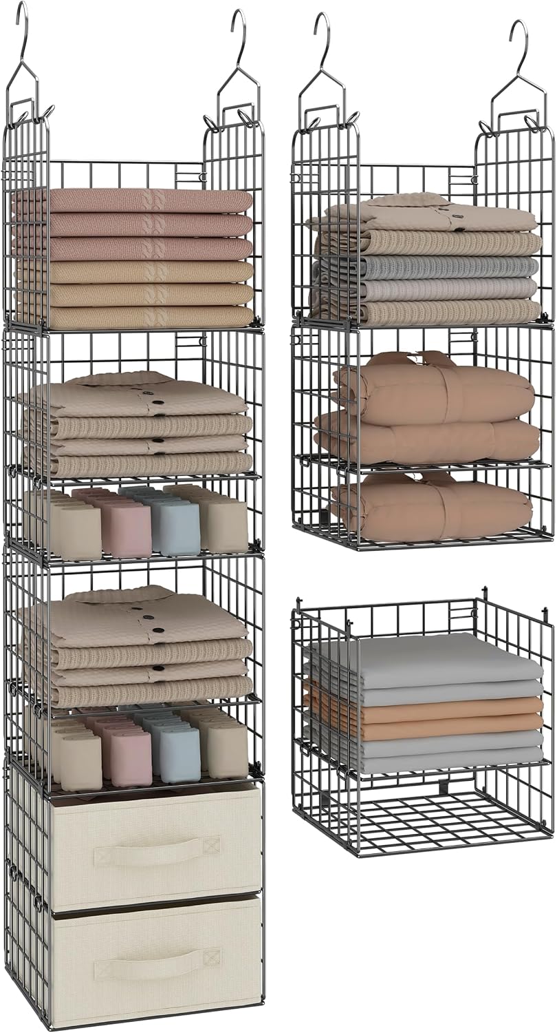4 Tier Metal Hanging Closet Organizer with 2 Fabric Drawers