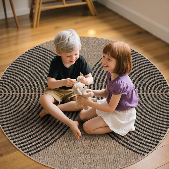 Lahome Enfys Modern Rainbow Round Rug, 6ft Easy Jute Circle Patio Rug Washable