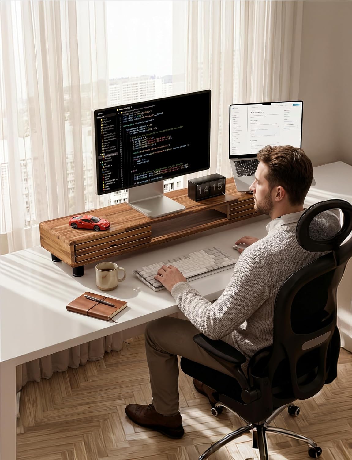 Tinamo 42.5" L Dual Monitor Stand Riser with Sliding Doors, Adjustable Feet