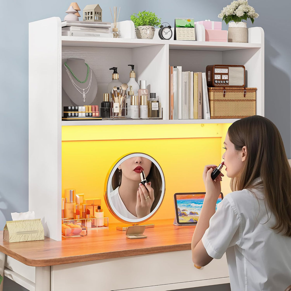 REIBII 3-Tier Desk Hutch with LED Light,6-Shelf Desktop Organizer,White