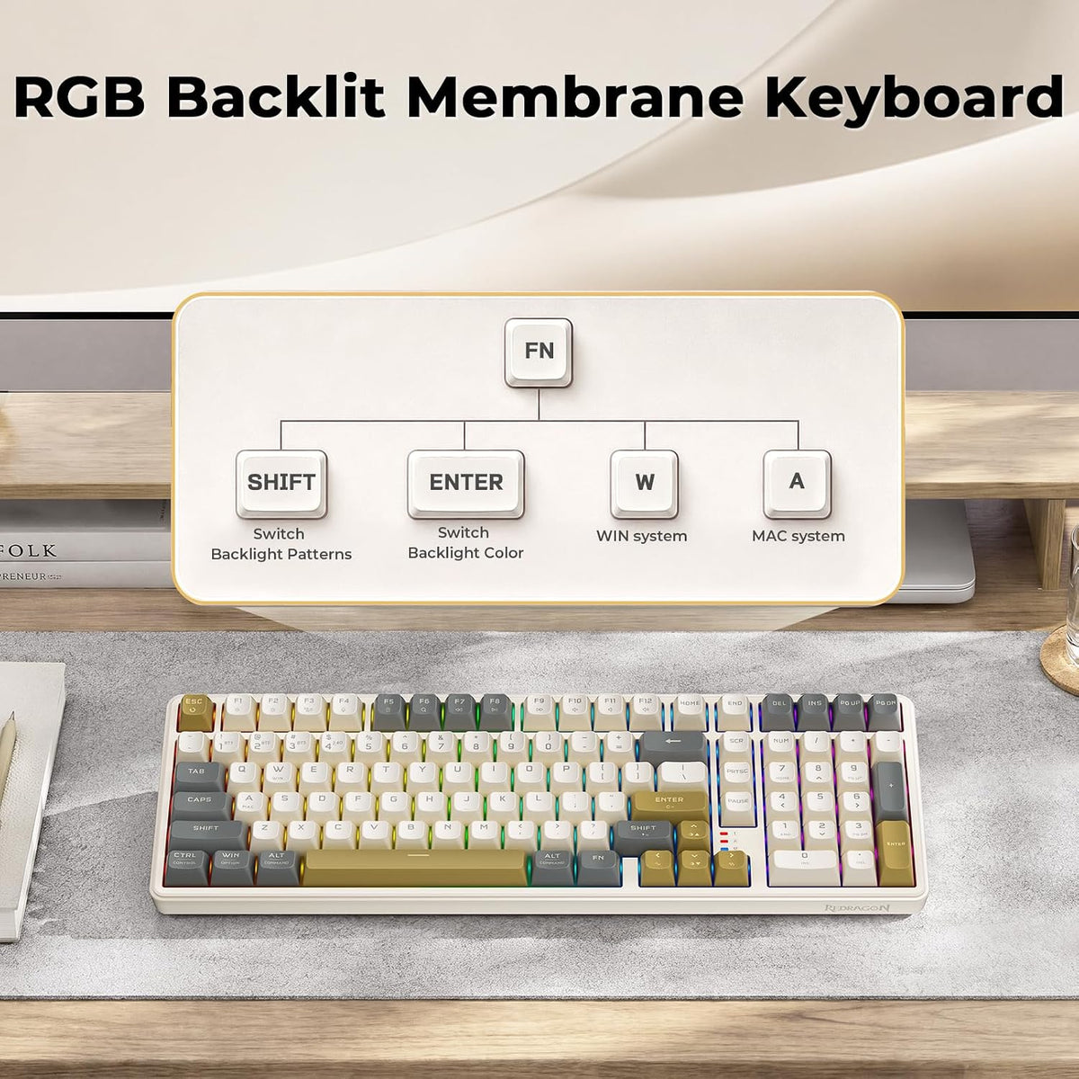 Redragon K528 Wireless Gaming Keyboard Bluetooth Computer Keyboards Creamy Cute with Number Pad RGB Backlit Tri-Mode BT/2.4GHz/USB-C, 4000mAh Battery for Win/MAC- Dusty Olive