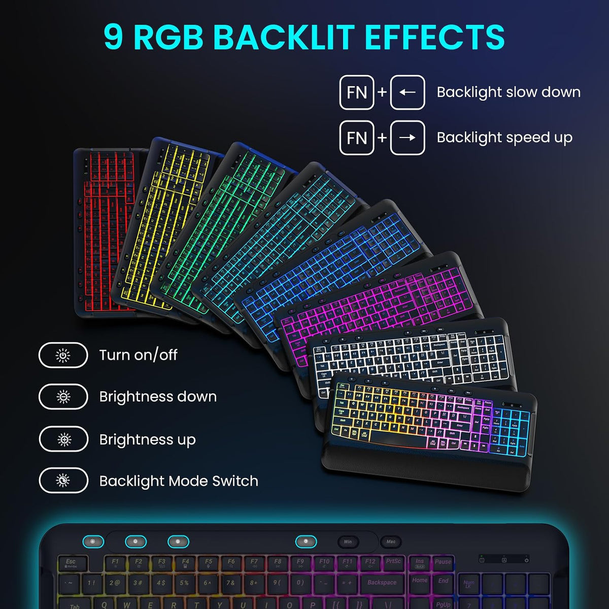Ergonomic Wave Wireless Keyboard Mouse Combo, 9 RGB Backlit, Silent Keys