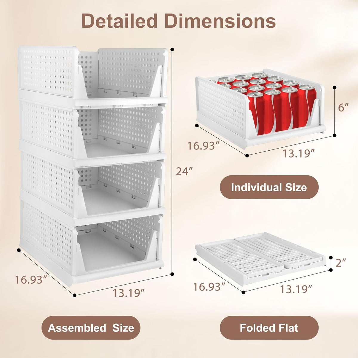 Whitmor Foldable Closet Storage Basket 4 Pack, Space-Saving & Stackable Clothes Storage Organizer, Heavy Duty & Multifunctional Plastic Drawer Shelves for Wardrobe, Kitchen, Bathroom, White