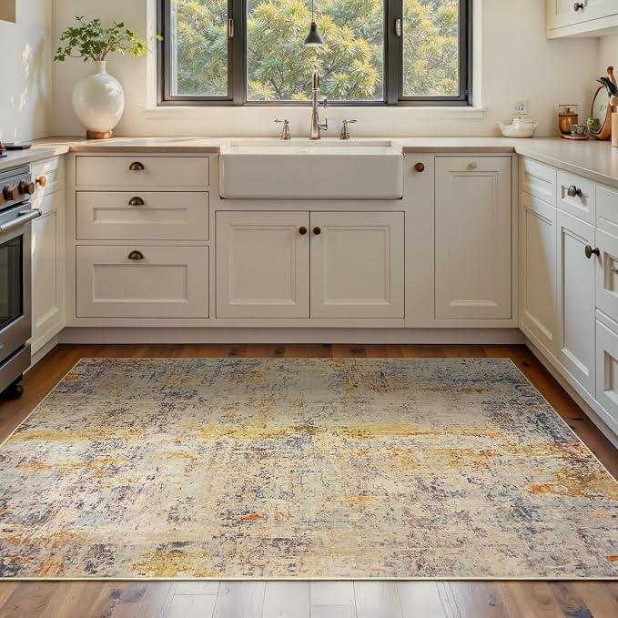 Area Rug 4x6 Beige Rug Washable Boho Rugs Non Slip Low Pile Abstract Small