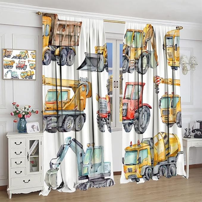 Kids Excavator Curtains, Retro Truck Tractor Machinery Construction Vehicle