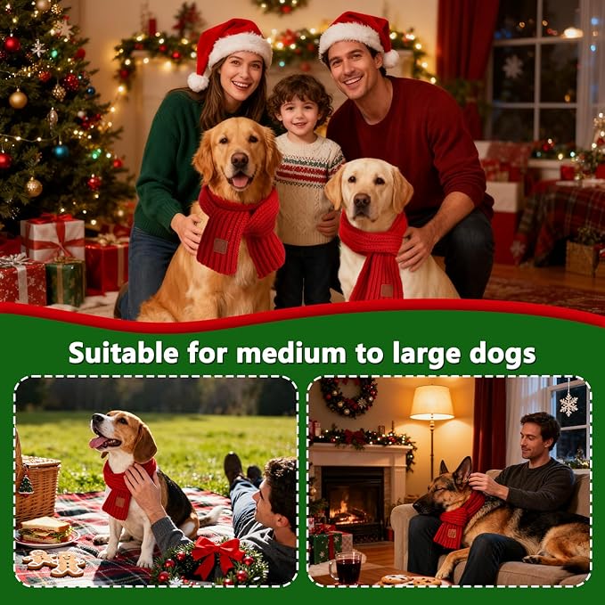 BWOGUE 2-Piece Knitted Dog Christmas Scarf & Bandana with Red Design for Medium/Large Dogs - Winter Warm Holiday Pet Costume Accessory (Red)