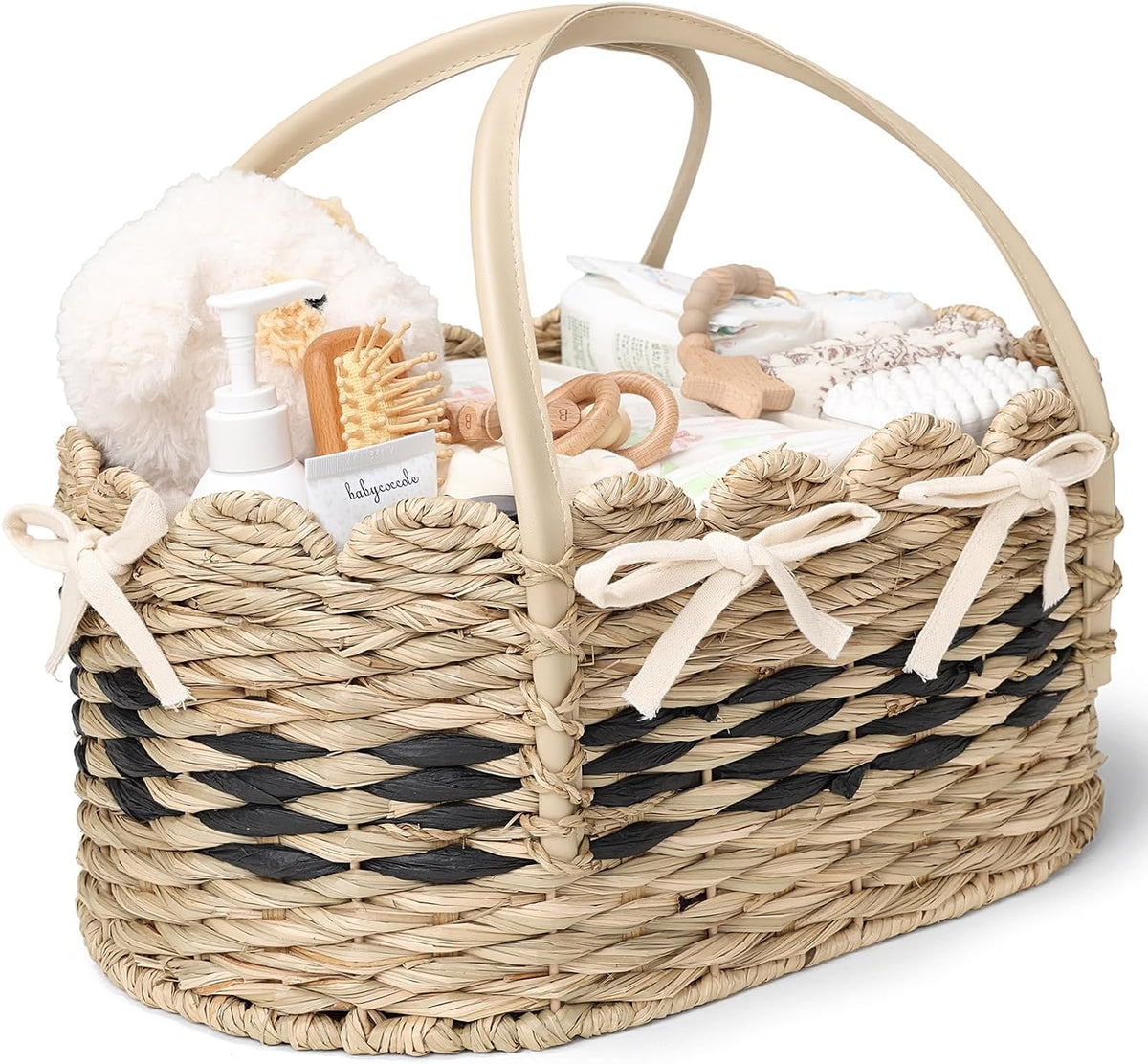 Large Diaper Caddy Organizer, Handwoven Natural Seagrass Basket with 5 Compartments, Scalloped Wicker Changing Table Organizer (Natural, XXL)