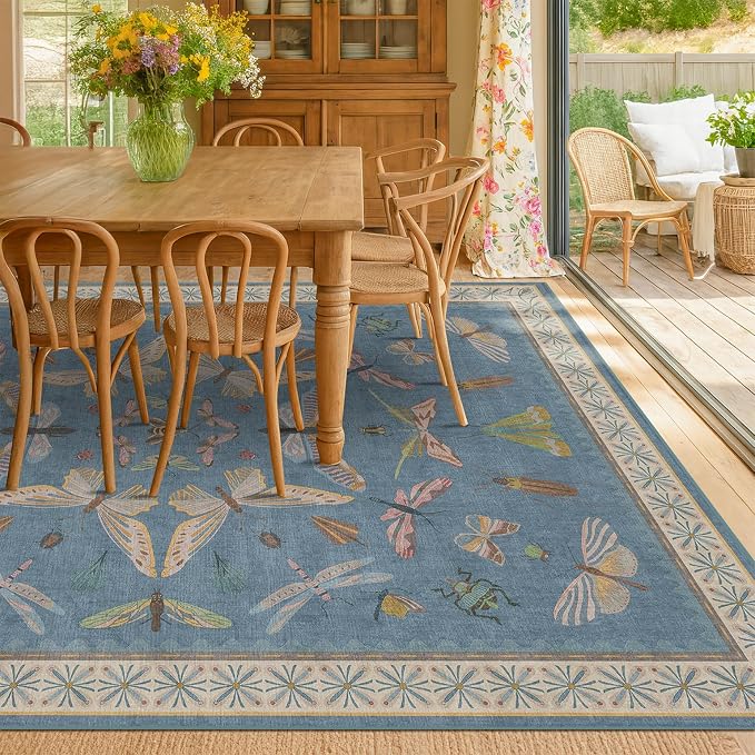 Washable Living Room Rug 8x10, Dusty Blue Area Rugs