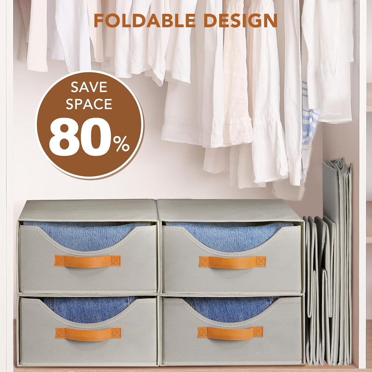 4 Pcs Pull-Out Stackable Storage Drawers for Closet, Grey