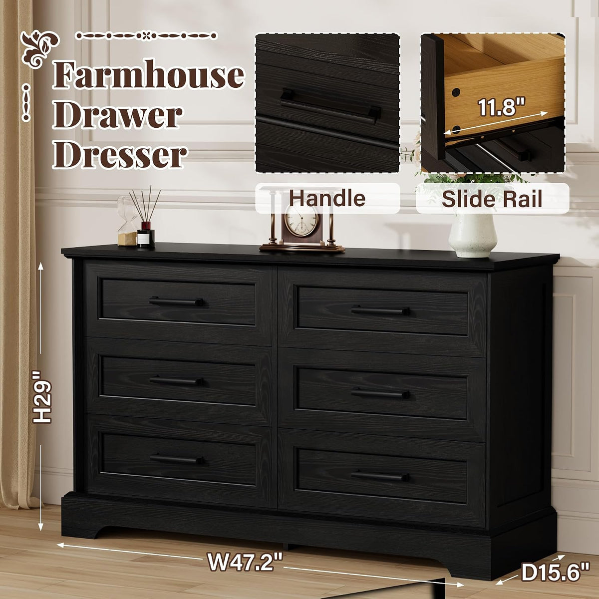 Furmax Farmhouse Dresser for Bedroom, 6 Drawers Dresser, Black