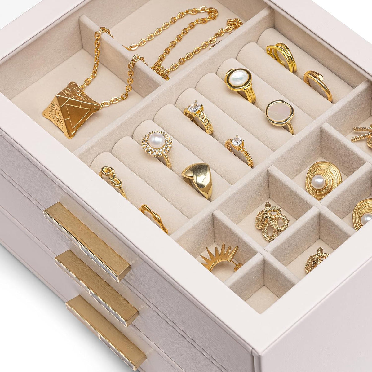 Vlando 3-Drawer Jewelry Box Organizer with Glass Lid, Pink Beige