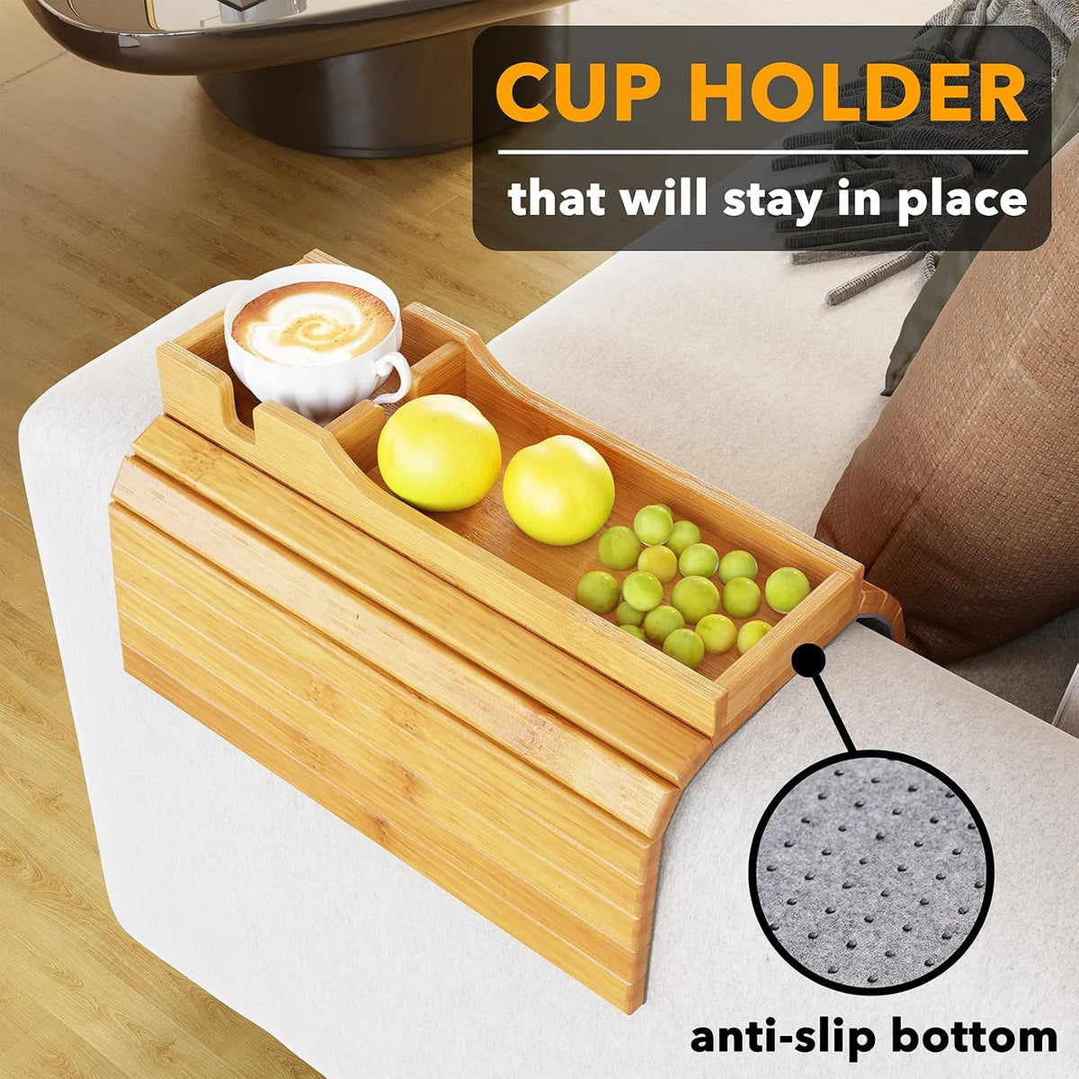SpaceAid Bamboo Couch Cup Holder, Anti Falling Foldable Sofa Armrest Tray with Cup Holder, Couch Arm Side Table Organizer for Drink Cup Remote Snacks (Natural) (Pack of 2)