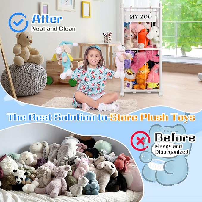 Stuffed Animal Storage Zoo with Wheels, Wooden Stuffed Animal Organizer with Elastic Cords, Space Saving Toy Plushies Storage Holder for Playroom, Bedroom, Living Room(White, Small)