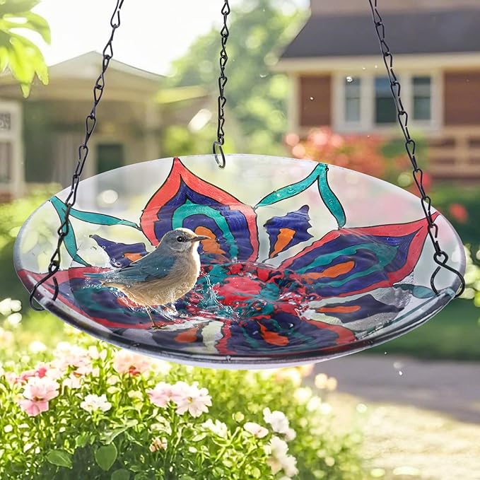 MUMTOP Hanging Bird Baths for Outdoors - Glass Bird Bath, 11 Inch Hanging Bird Bath Bird Feeder Bowl for Outside, Garden, Lawn Yard Decor (Colorful Kaleidoscope)
