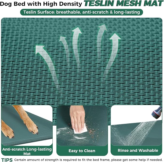 Windproof Elevated Dog Bed with Canopy & Stakes, 3-Sided 90% UV Block, Chew-Proof Teslin Mesh Mat for Large Dogs up to 150lbs(Green Large)