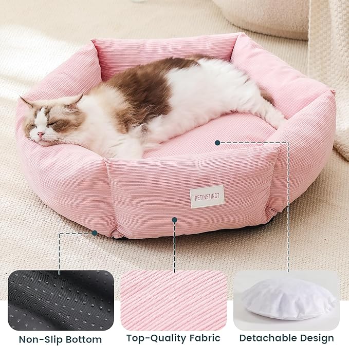 Large Cat Bed, Washable Orthopedic Cat Beds for Indoor Cats, Soft Donut Calming Dog Bed for Small Medium Dogs with Anti Slip Bottom, Cute Kitten Bed, 29.5x29.5x7.9 in, Pink
