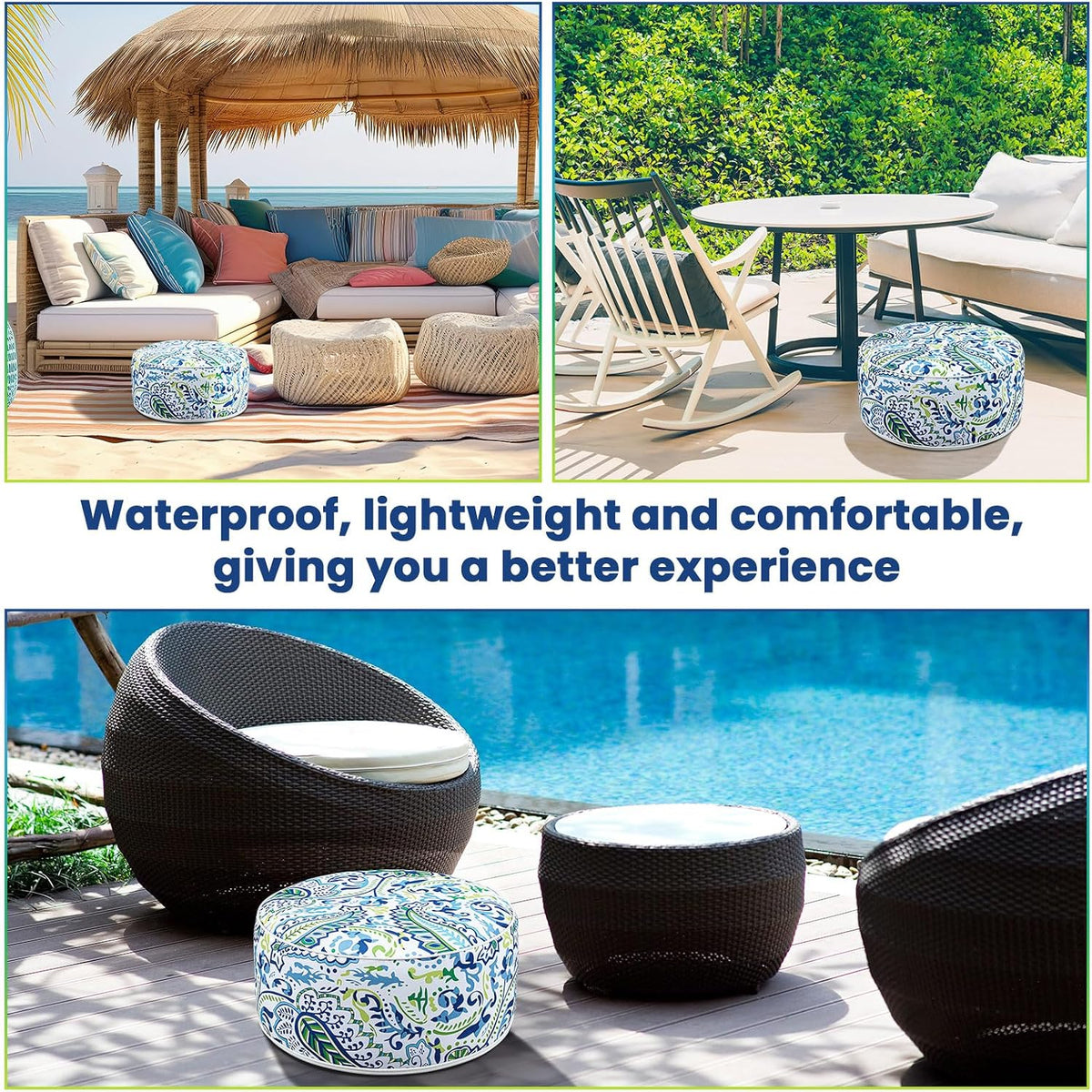Cinnvoice 2 Pcs Inflatable Indoor Outdoor Ottoman Pouf with Handle D21 x H9 Inch Waterproof Round Pouf Ottoman Portable Footstool for Patio Garden Camping or Home Pool(Paisley)