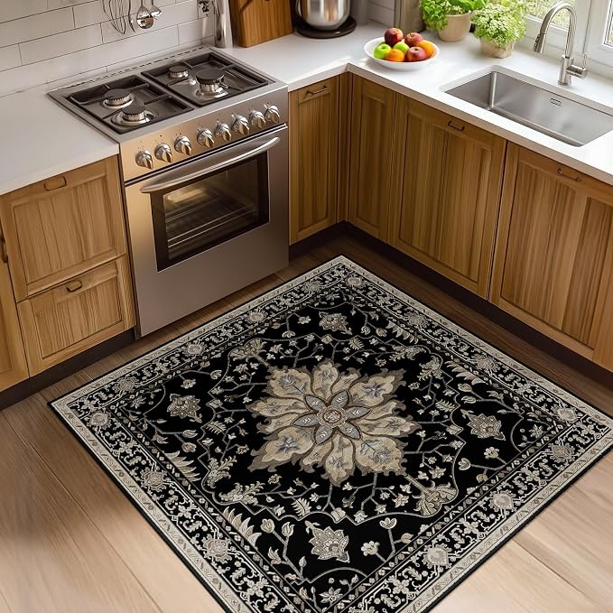 RELEANY Area Rugs Square 4ft Washable Non-Slip, Floral Vintage Distress
