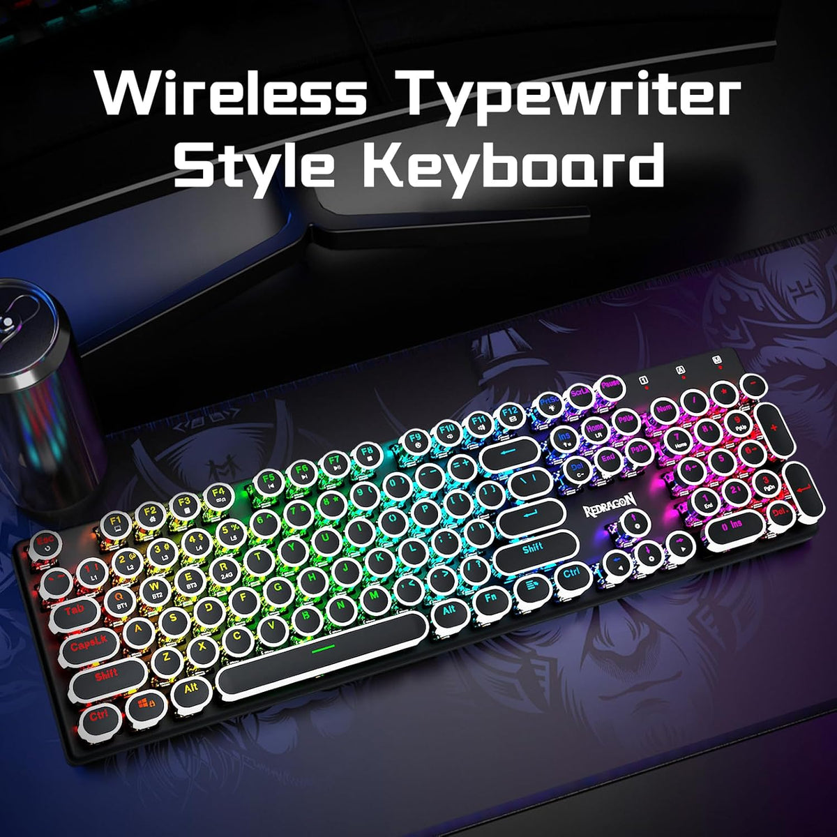 Redragon K710 Wireless Typewriter Style Mechanical Gaming Keyboard, Black